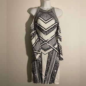 Black and white fitted sequined sheath dress